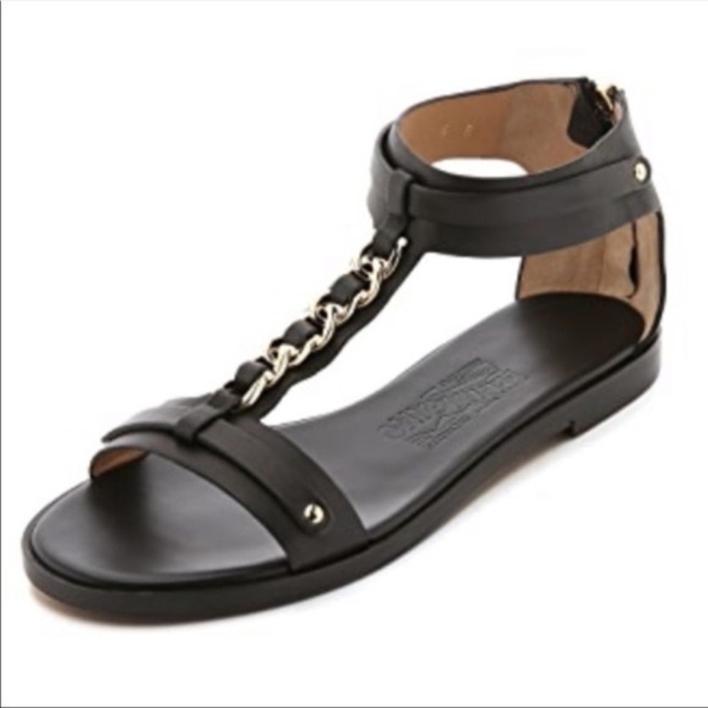 Salvatore Ferragamo Black Leather Moe Chain Detail T-Strap Flat Sandals Size 8